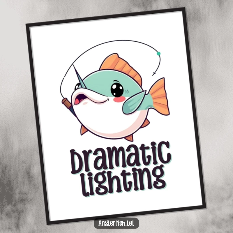 Funny Kawaii Anglerfish Poster: High-quality print of a cute anglerfish striking a dramatic pose with its glowing lure held triumphantly aloft.