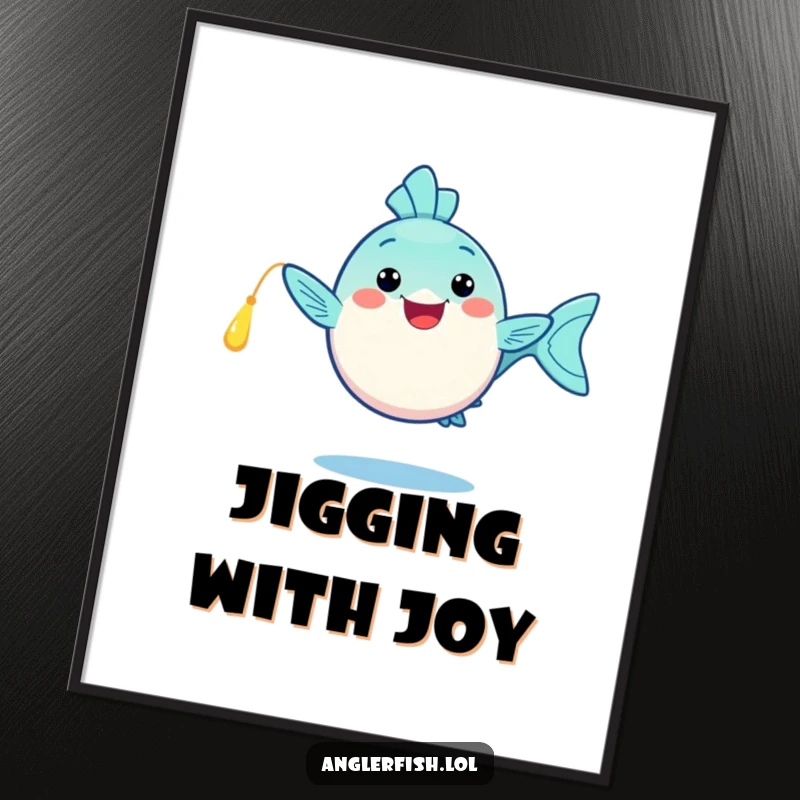 Funny kawaii anglerfish poster, doing a happy dance with its glowing lure, joyful and funny art for your walls.