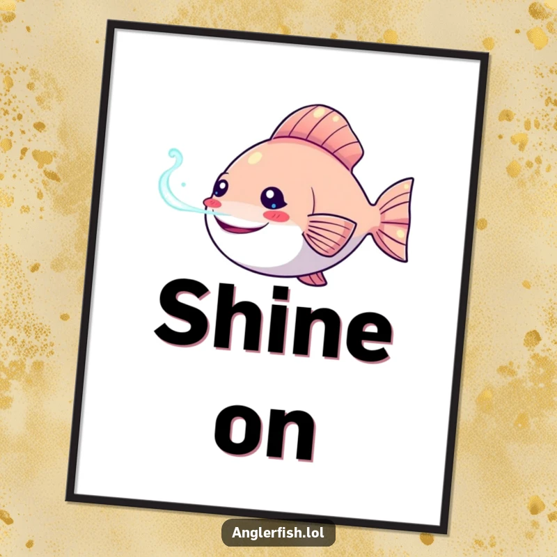 Funny Kawaii anglerfish poster depicting a happy fish with its bioluminescent lure glowing, perfect for a whimsical room.
