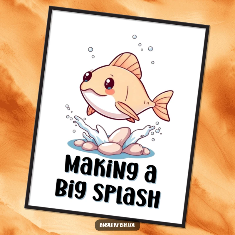 Funny Kawaii Anglerfish Poster: A cute, artistic print of an anglerfish in kawaii style, leaping from the water with a dynamic splash.