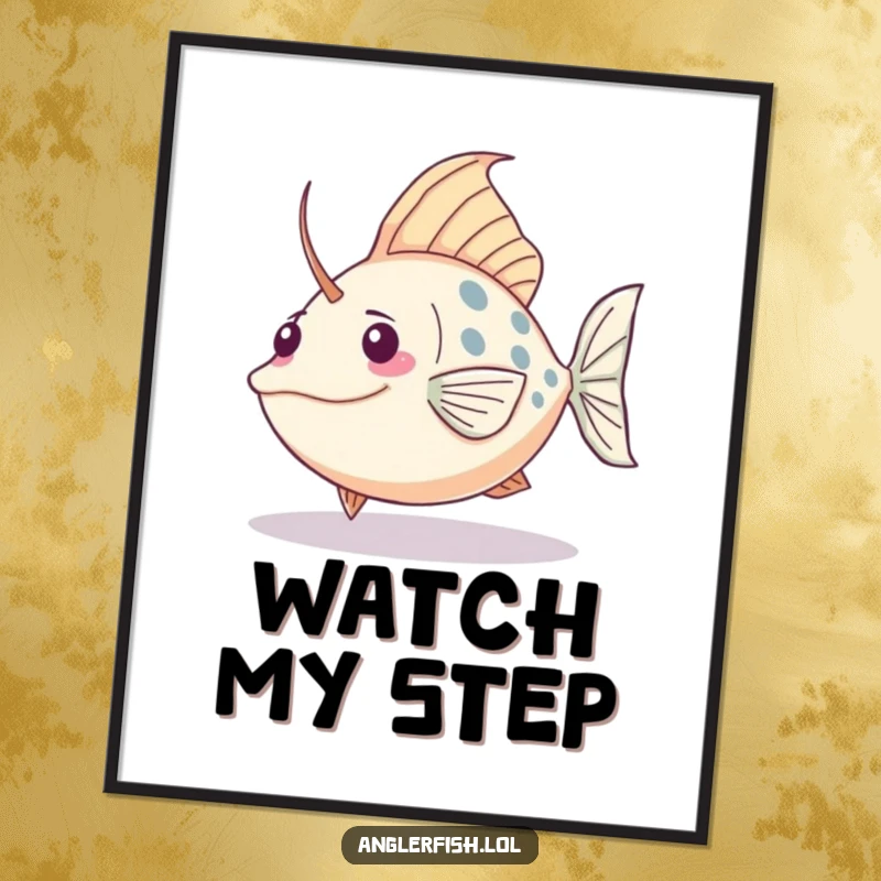 Funny Kawaii anglerfish poster of a cute fish comically falling over its own large tail, whimsical decor.