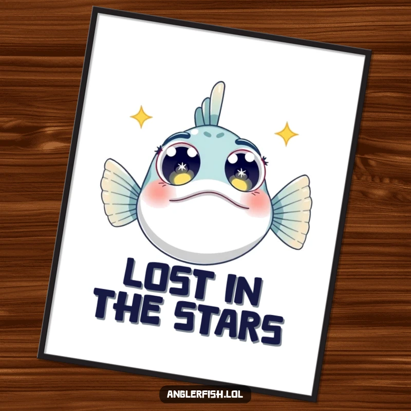 Funny Anglerfish Poster: An artistic print of an anglerfish with large, starry eyes, looking up in awe and fascination.