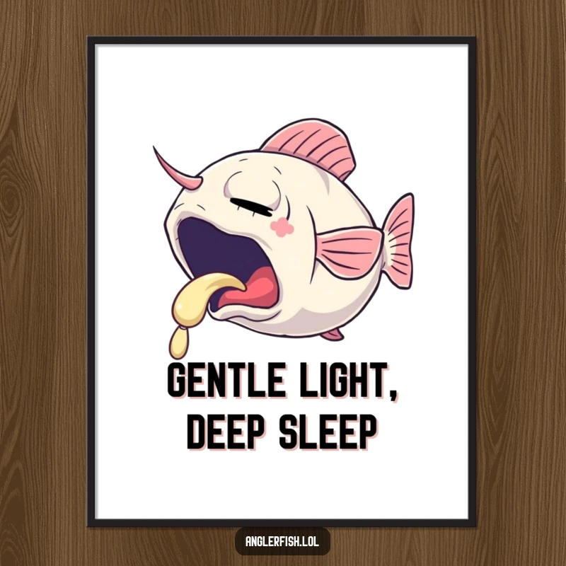 Funny poster of a sleepy anglerfish yawning, its lure emitting a gentle, soft glow, ideal for calm and humorous decor.