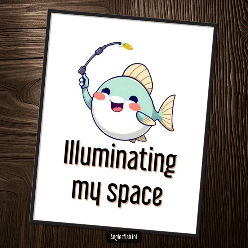 Funny anglerfish poster of a character enthusiastically waving a bioluminescent lure, bringing ocean humor to decor.
