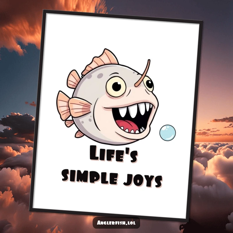 Funny anglerfish poster with a gaping, joyful mouth comically chasing a tiny bubble, a whimsical and humorous illustration.