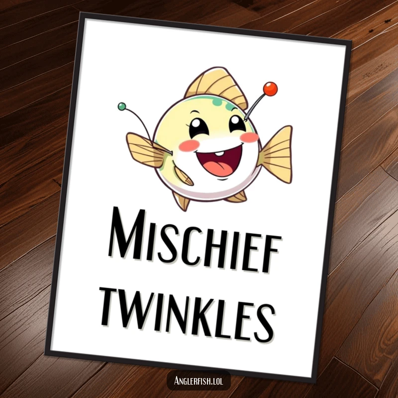 Funny anglerfish poster depicting a cheerful creature bobbing with a twinkling, mischievous lure, adding playful and whimsical decor.