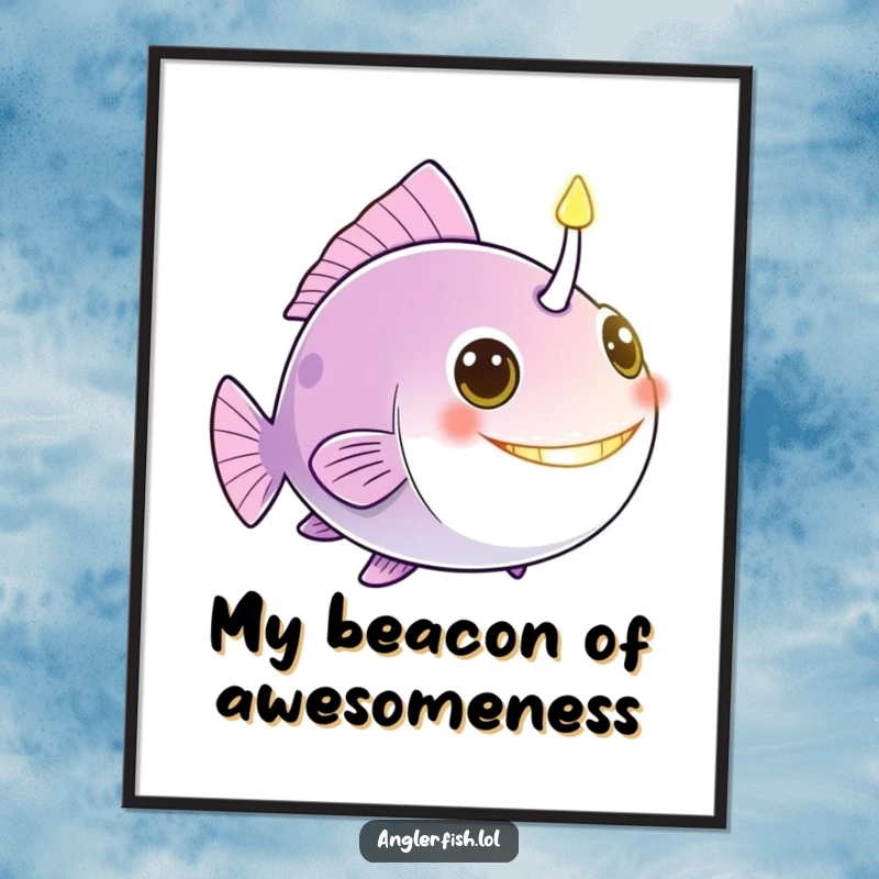 Funny anglerfish poster with a brightly glowing bioluminescent lure, serving as a friendly beacon of illumination and humor.