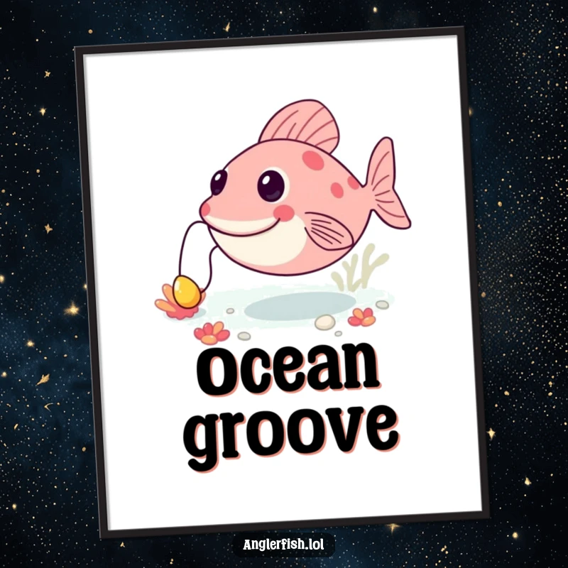 Funny anglerfish poster capturing a creature cheerfully bouncing along the seabed, its lure bobbing, perfect for adding a splash of fun.