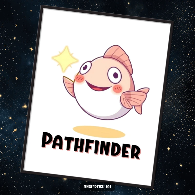 Funny anglerfish poster of a smiling creature using its lure as a beacon, inspiring hope and warmth, perfect for wall decor.