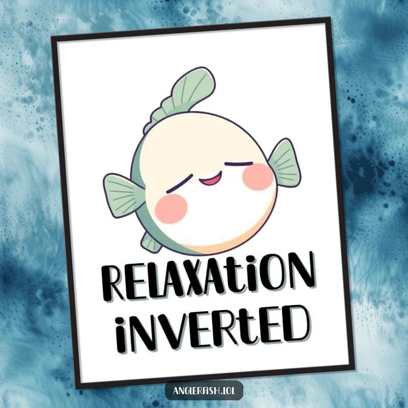 Funny anglerfish poster of a sleepy anglerfish floating upside down with a contented smile, ideal for calm decor.