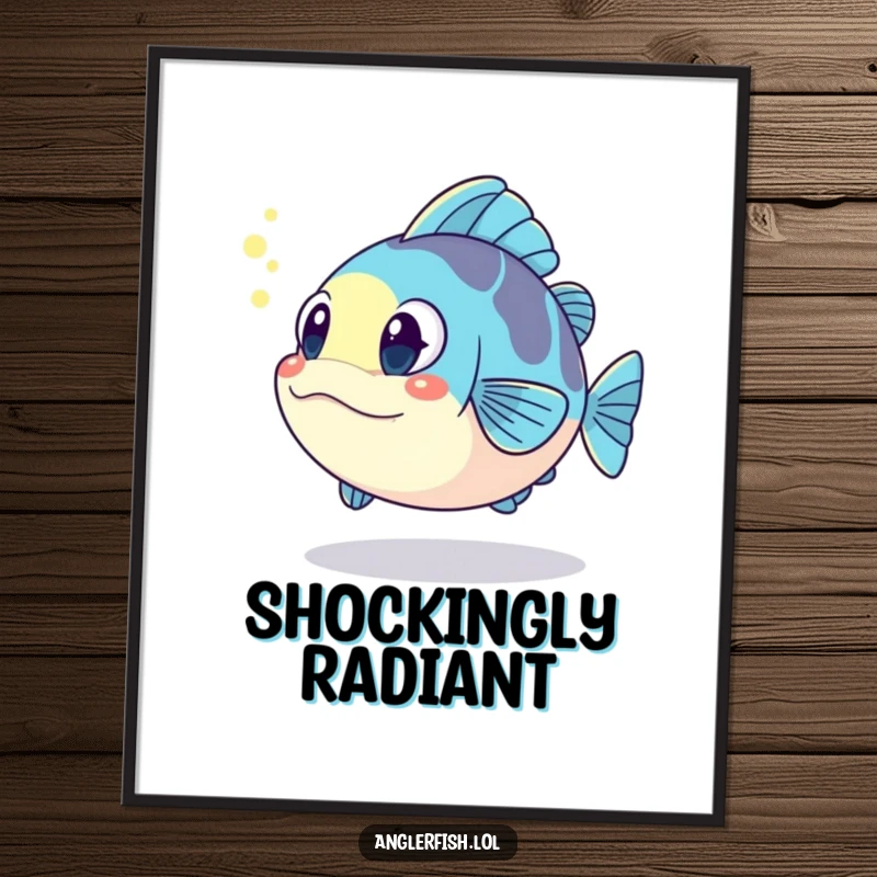 Funny kawaii anglerfish poster, looking surprised at its own glowing reflection, a humorous and artistic funny gift.