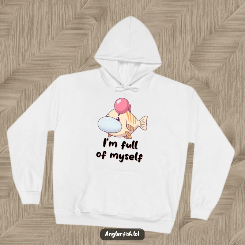 Funny anglerfish hoodie featuring a cheerful creature with cheeks inflated like balloons. Cozy and humorous ocean-themed wear, great funny gift.