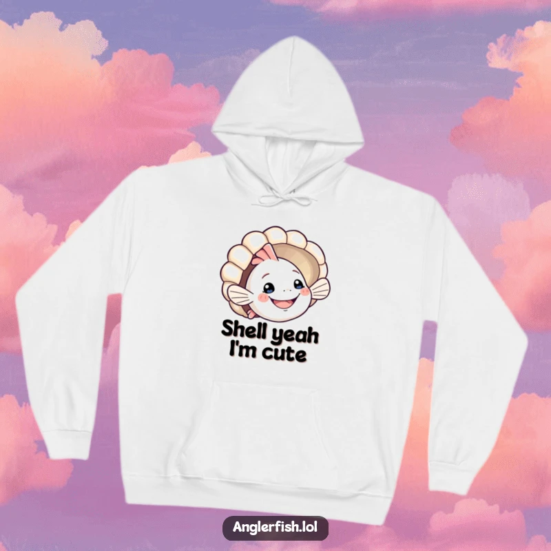 Funny anglerfish hoodie showcasing a smiling creature playfully peeking from behind a seashell. Cozy and humorous ocean-themed wear, perfect funny gift.