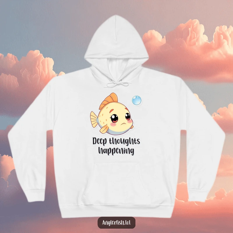 Funny Kawaii Anglerfish Hoodie: Soft, warm hoodie featuring a cute anglerfish looking up in amazement at a tiny water bubble.