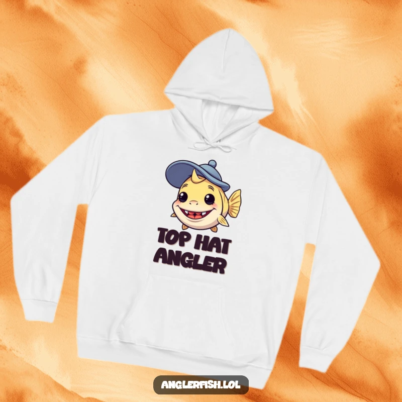 Funny anglerfish hoodie featuring a creature with a silly grin sporting a comically large, goofy hat, designed for cozy amusement.