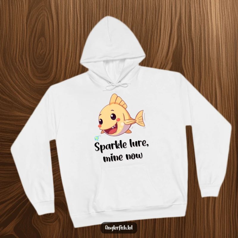 Funny Anglerfish Hoodie depicting an excited anglerfish character in pursuit of a tiny, sparkling plankton, perfect for cozy adventure.