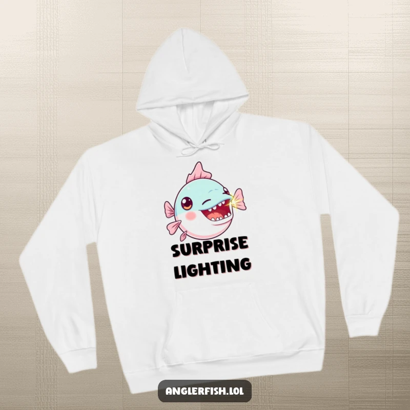 Funny Kawaii Anglerfish Hoodie: Soft, warm hoodie featuring a cute anglerfish with a shocked expression and a brightly blinking lure.