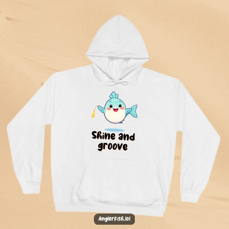 Funny kawaii anglerfish hoodie, doing a happy dance with its glowing lure, a warm and funny gift for celebrating.