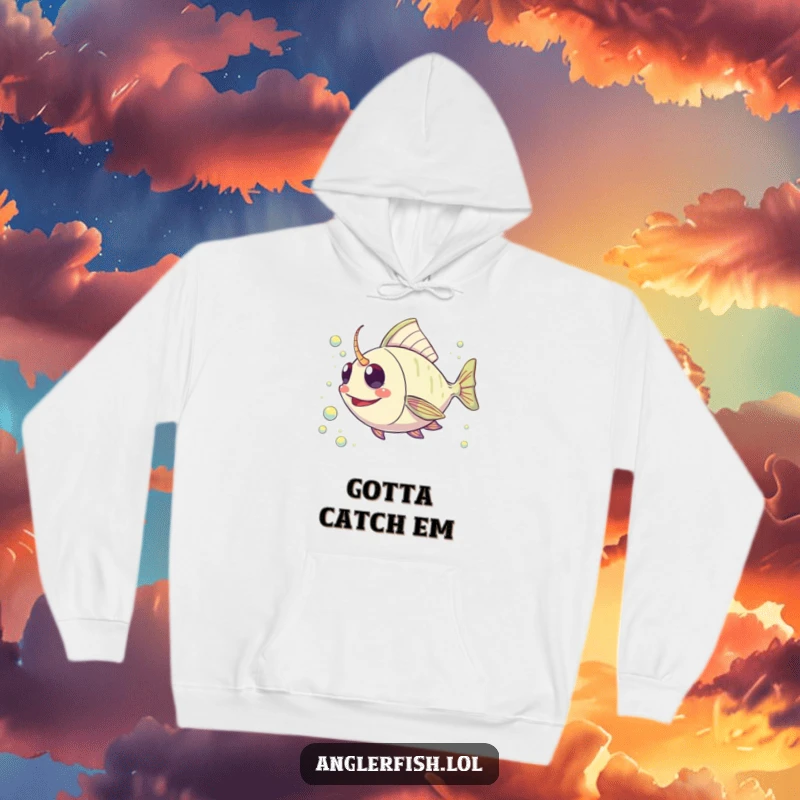 Funny Kawaii Anglerfish Hoodie: Soft, warm hoodie featuring a cute anglerfish joyfully swimming after a stream of shimmering plankton.