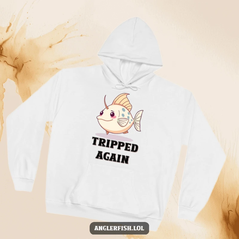 Funny Kawaii anglerfish hoodie showing a cute fish comically tripping over its tail, great for lounging.