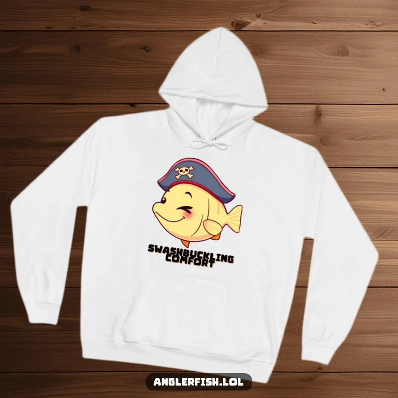 Funny anglerfish hoodie featuring a pirate hat and a playful wink, perfect for cozy, adventurous wear.
