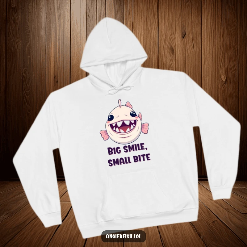 Funny Anglerfish Hoodie: A warm hoodie featuring a wide-grinning anglerfish with its signature tiny, shiny teeth on full display.