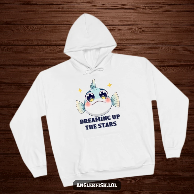 Funny Anglerfish Hoodie: A warm hoodie featuring an anglerfish with large, starry eyes, looking up in awe and wonder.