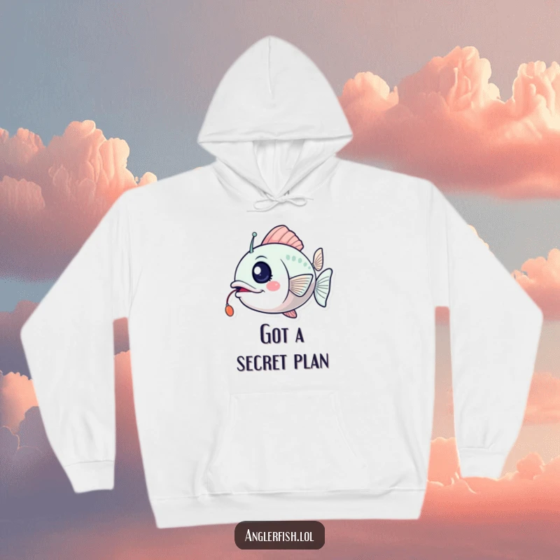 Funny anglerfish hoodie with a winking eye and a flickering lure, signaling excitement and humorous mischief.