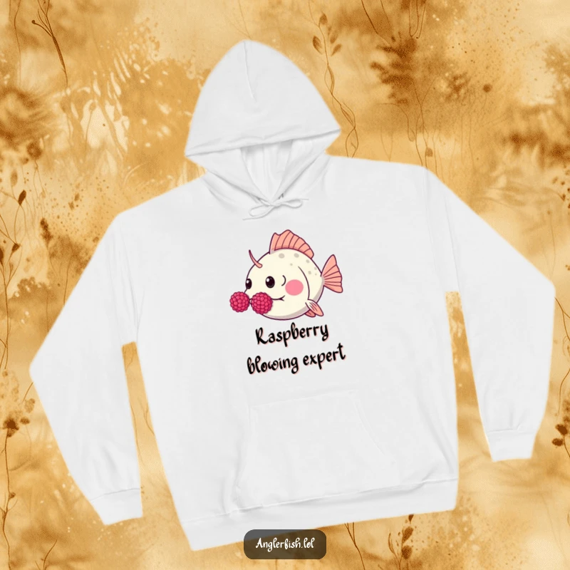 Funny Kawaii anglerfish hoodie showing a cute anglerfish hilariously blowing raspberries with exaggeratedly puffed cheeks.