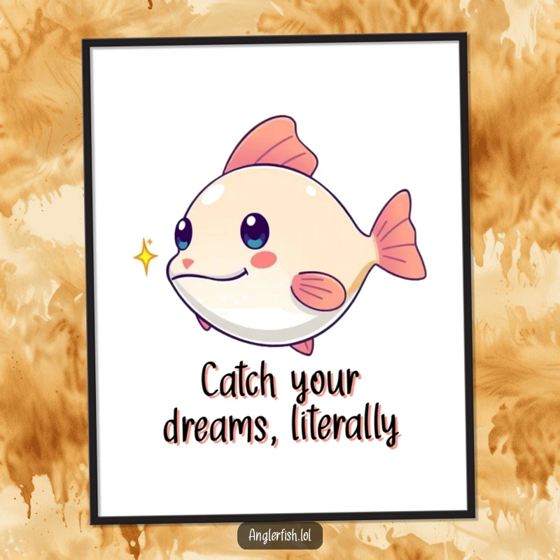 Funny Free Printable Wall Art: Kawaii anglerfish playfully chasing a tiny shimmering spark, whimsical downloadable decor.