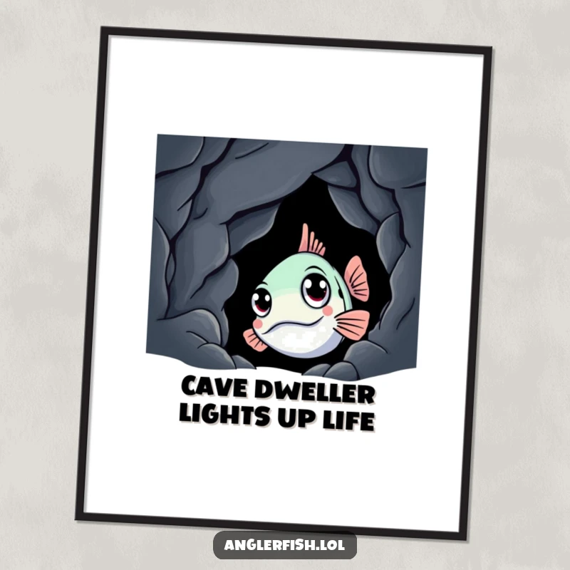 Funny Free Printable Anglerfish Wall Art: A curious anglerfish with wide eyes peeks from a dark cave, ready to illuminate your decor.