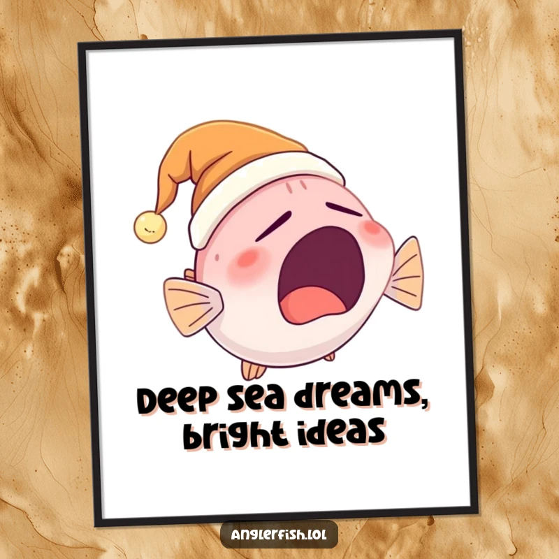 Funny Free Printable Wall Art: A cute anglerfish wearing a glowing nightcap, yawning widely, bringing sleepy vibes.