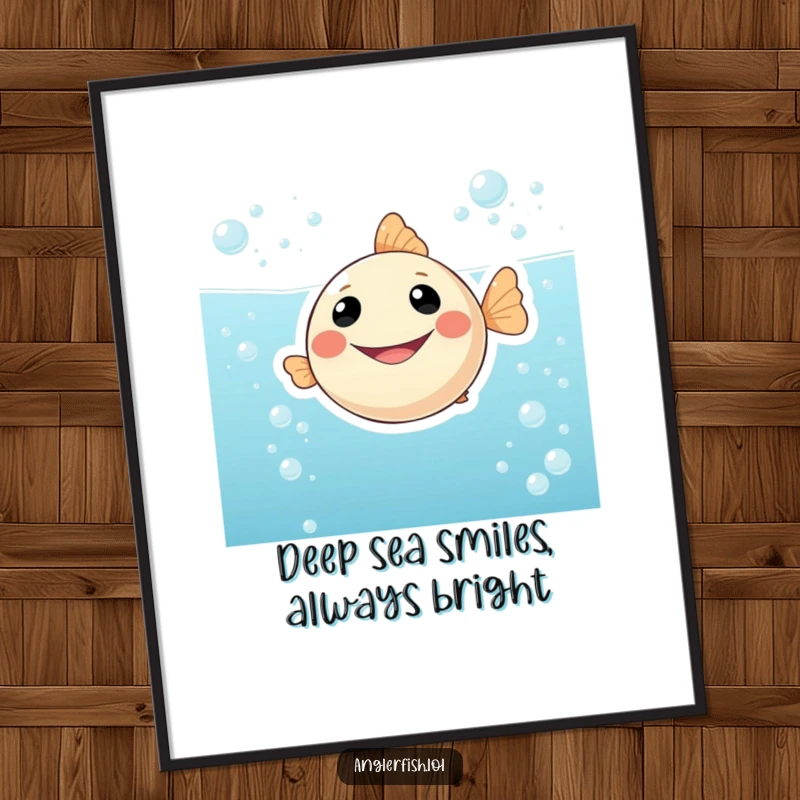 Funny Free Printable Anglerfish Wall Art: A round, smiling anglerfish beams in bubbly water, a delightful and quirky piece of decor.