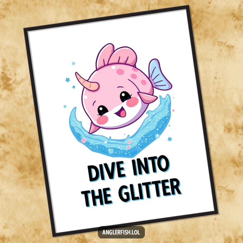 Funny Free Printable Wall Art: An anglerfish character joyfully diving into a mesmerizing swirl of vibrant, reflective glitter.
