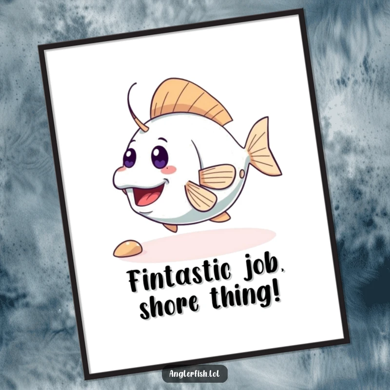 Funny Free Printable Wall Art: Cute anglerfish excitedly wiggling its tail, inviting fun and play.