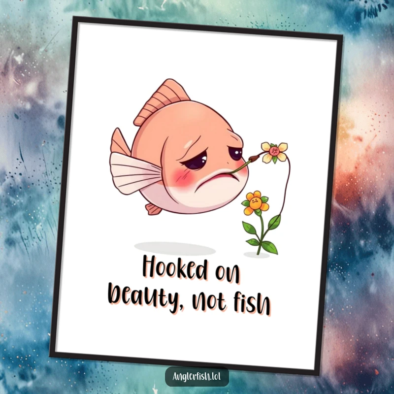 Funny Free Printable Wall Art of a confused anglerfish staring at its lure, which is surprisingly tangled with a tiny flower.