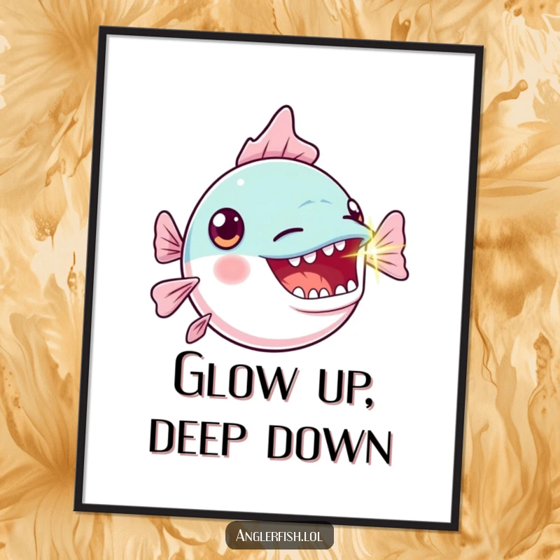 Funny Free Printable Wall Art: A kawaii anglerfish gasping with a brightly blinking lure light, dramatic downloadable ocean decor.