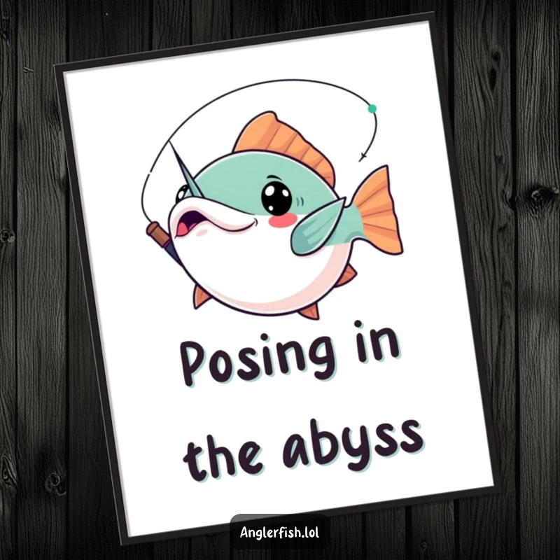 Funny Free Printable Wall Art: A kawaii anglerfish striking a dramatic pose, lure held aloft, striking downloadable ocean decor.