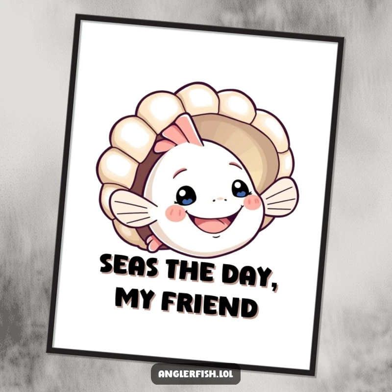 Funny Free Printable Wall Art: Smiling anglerfish playfully peeking its head out from behind a seashell.