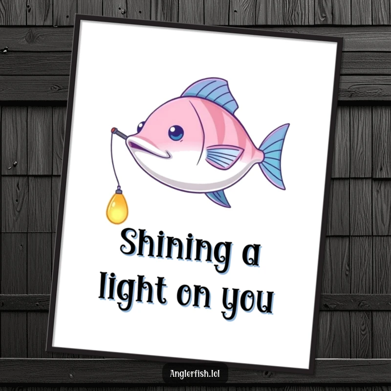 Funny free printable anglerfish wall art showcasing a playful anglerfish swinging its lit lure like a captivating pendulum, adding quirky charm.