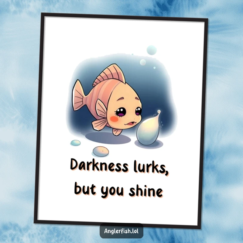 Funny free printable anglerfish wall art, a curious fish investigating a shimmering object in the dark ocean depths.