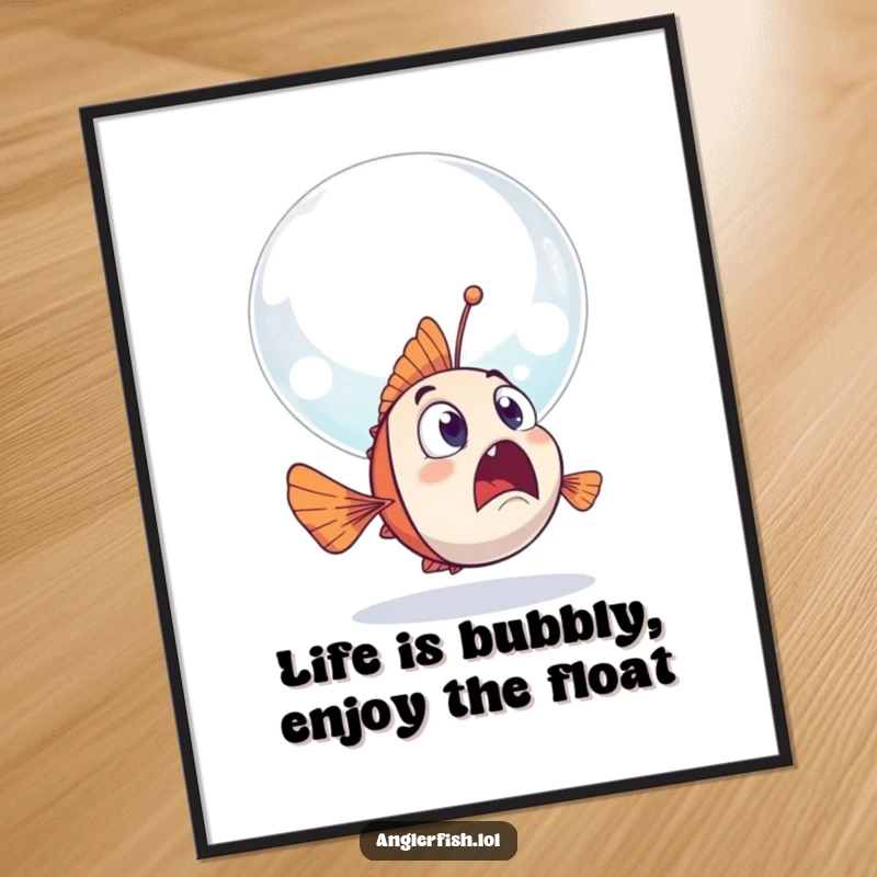Funny free printable anglerfish wall art, a surprised fish encountering a giant, friendly bubble floating by.