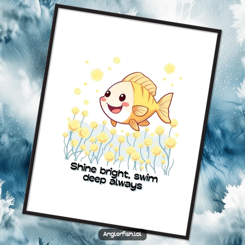 Funny Free Printable Wall Art: A kawaii anglerfish happily swims through a dazzling field of glowing plankton.