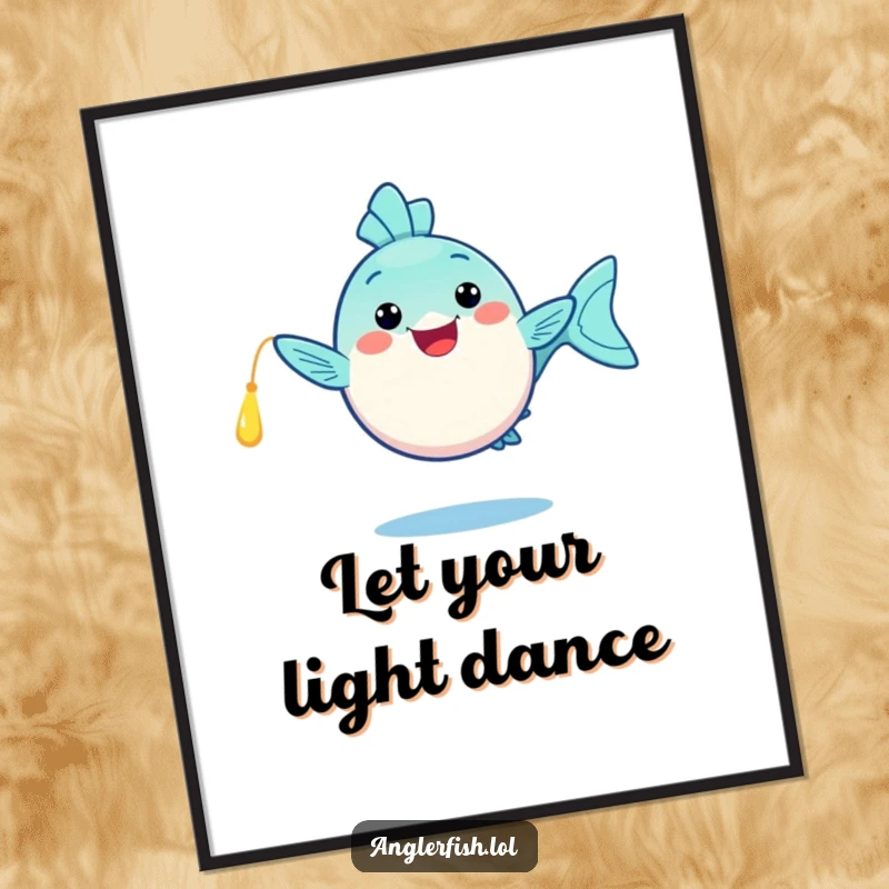 Funny Free Printable Wall Art: Kawaii anglerfish doing a happy dance with its glowing lure, joyful downloadable decor.