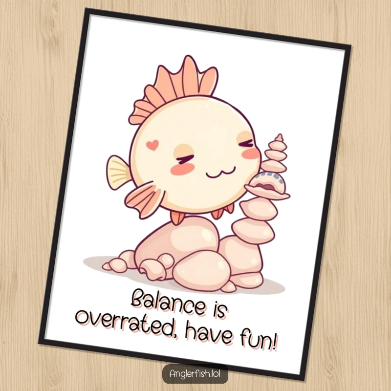 Funny Free Printable Wall Art: A cute kawaii anglerfish humorously attempts to stack many seashells.