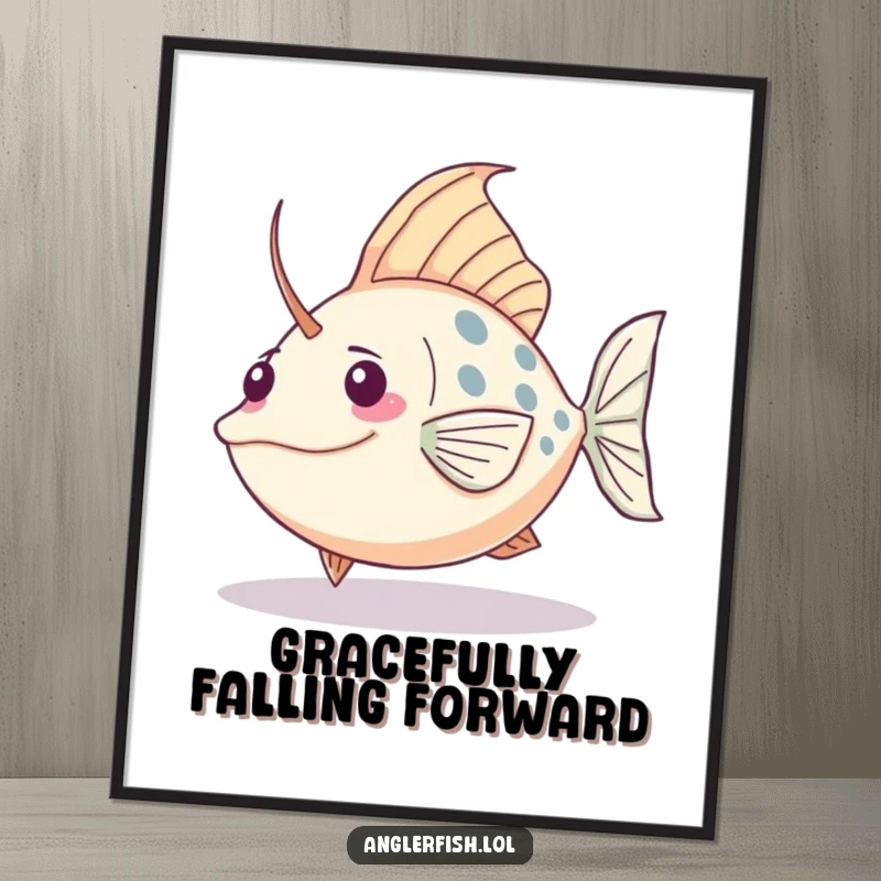 Funny Free Printable Wall Art: Kawaii anglerfish comically tripping over its very large tail, a humorous and relatable scene.