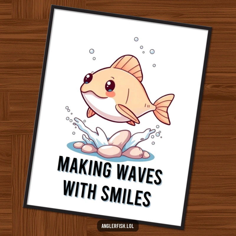 Cute free printable kawaii anglerfish wall art depicting a joyful anglerfish leaping joyfully out of the water with a playful splash.