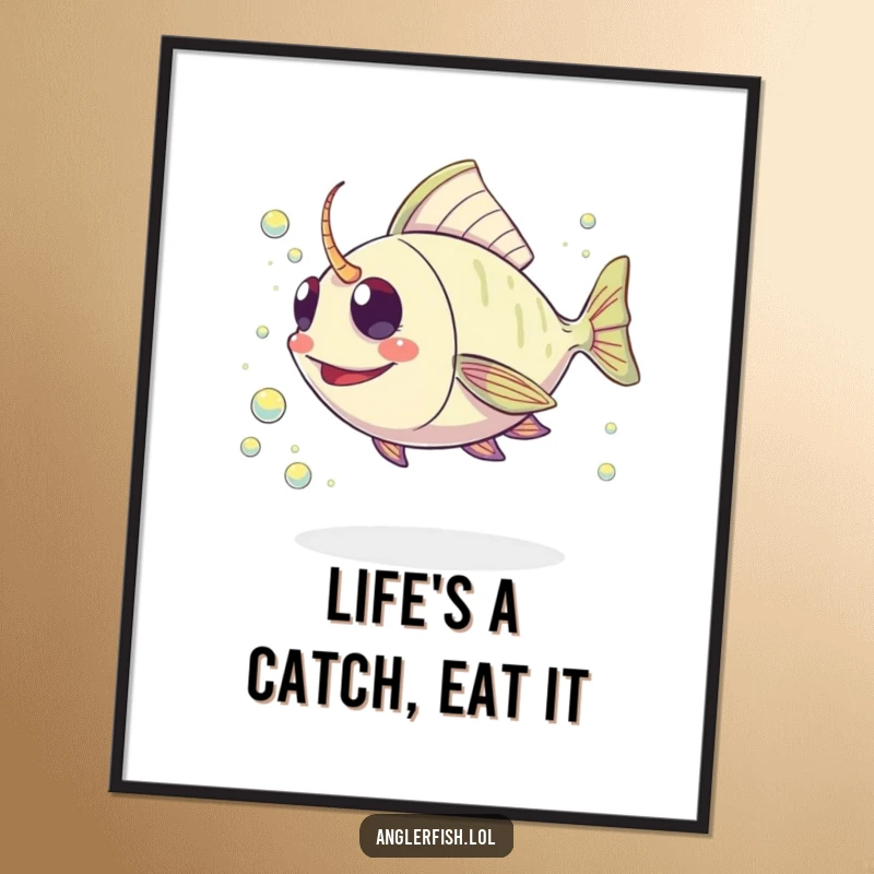 Funny Free Printable Wall Art: A kawaii anglerfish gleefully chasing shimmering plankton, vibrant downloadable ocean decor.