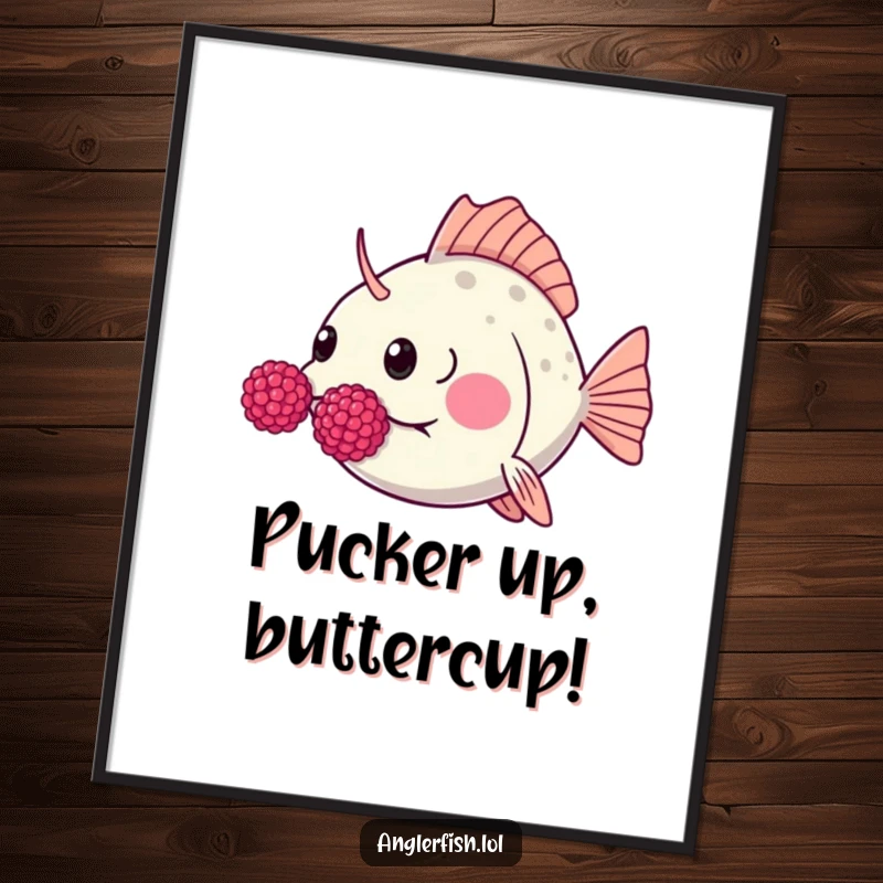 Funny Free Printable Wall Art: A kawaii anglerfish puffs its cheeks dramatically to blow a funny raspberry.