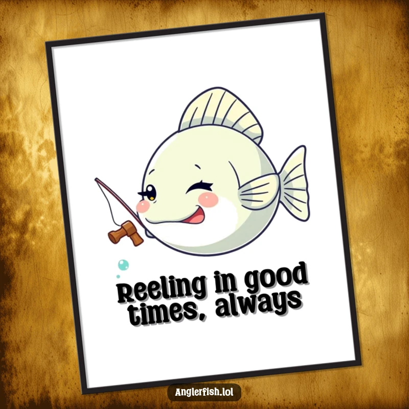 Funny Free Printable Wall Art: A kawaii anglerfish winks mischievously while holding a funny, tiny fishing rod.